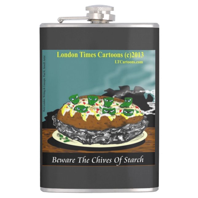 Beware the Chives of Starch – Funny Foodie Cartoon Hip Flask (Front)