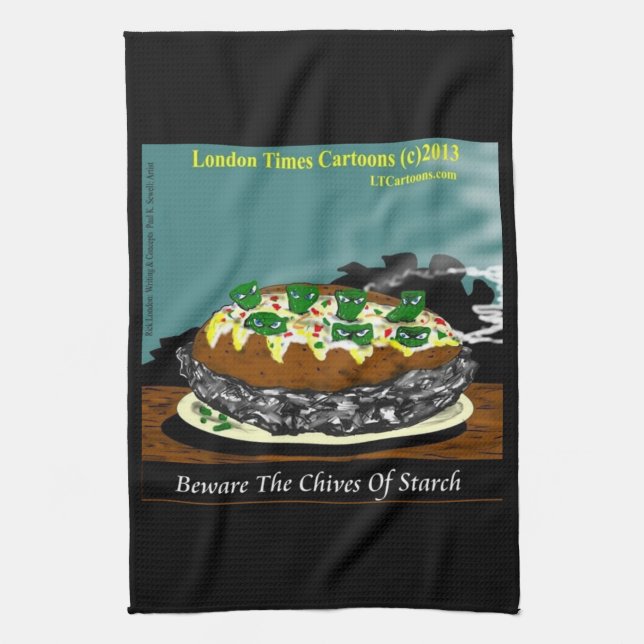 Beware the Chives of Starch – Funny Foodie Cartoon Tea Towel (Vertical)