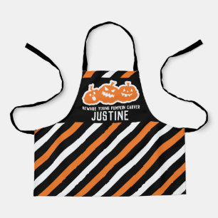 Beware young pumpkin carver scared pumpkin stripes apron