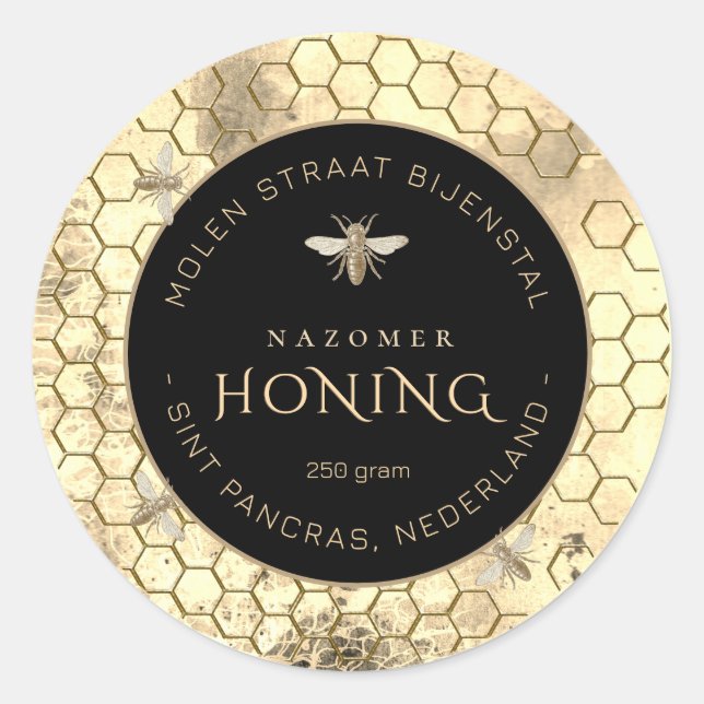BEWERKBARE HONING LABEL met bij en honingraat  (Front)