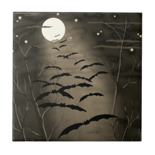 Bewitching Hour Full Moon Bats Vintage Halloween Tile