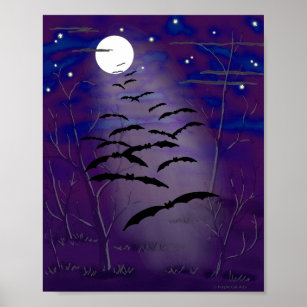 Bewitching Hour with Full White Moon and Bats Poster