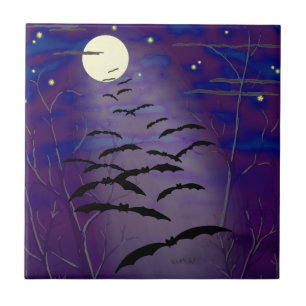 Bewitching Hour with Full Yellow Moon and Bats Tile