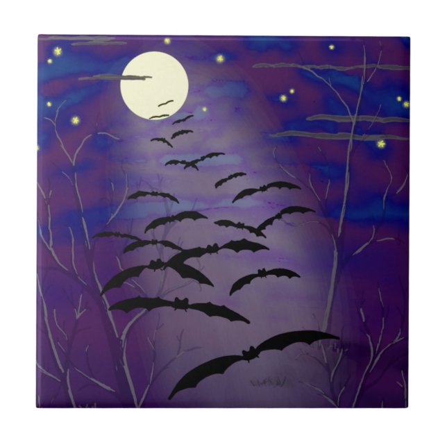 Bewitching Hour with Full Yellow Moon and Bats Tile (Front)