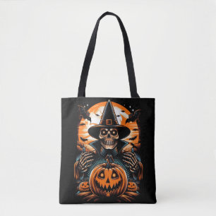 Bewitching Skeleton with Jack-O'-Lantern Halloween Tote Bag