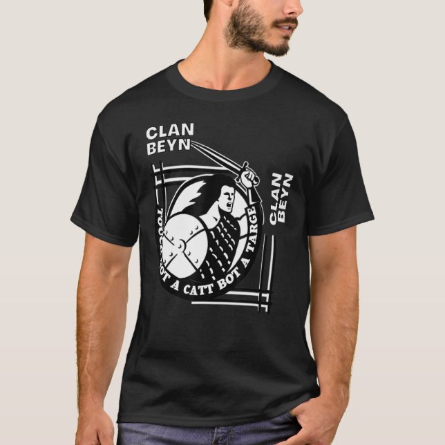 Beyn Clan Gaelic Motto Swordsman T-Shirt (Front)
