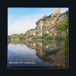 Beynac-et-Cazenac and Dordogne river text magnet<br><div class="desc">Souvenir photo magnet with the castle and the village of Beynac-et-Cazenac built upon the cliffs alongside Dordogne river in the early morning with reflection in the river and a kayak in the foreground. The town is situated in the Perigord in France. The magnet has the text: 'Dordogne, Beynac-et-Cazenac' on it....</div>