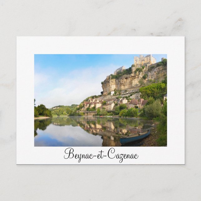 Beynac-et-Cazenac in Dordogne white text postcard (Front)