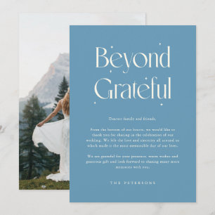 Beyond Grateful Whimsical Denim Blue Wedding Photo Thank You Card