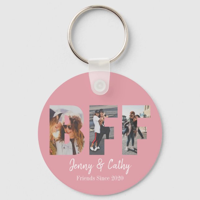 BFF 3 Photo Collage Friendship Besties Blush Pink Key Ring (Front)