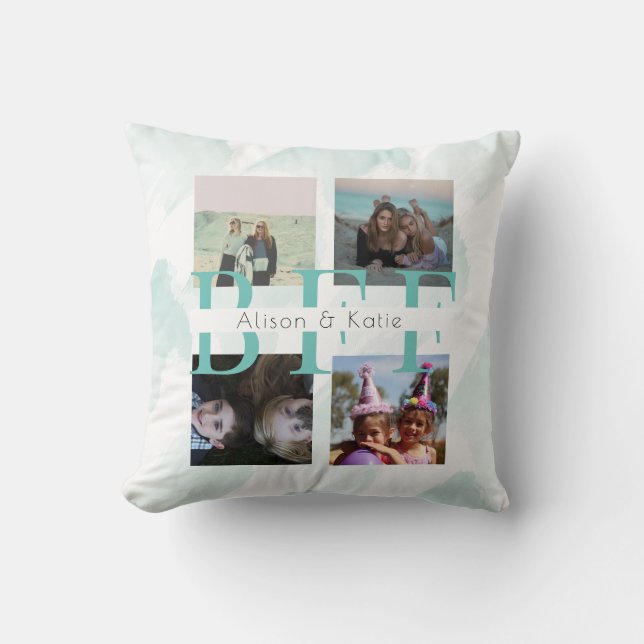 BFF 4 Photo Collage Blue Watercolor Cushion (Front)