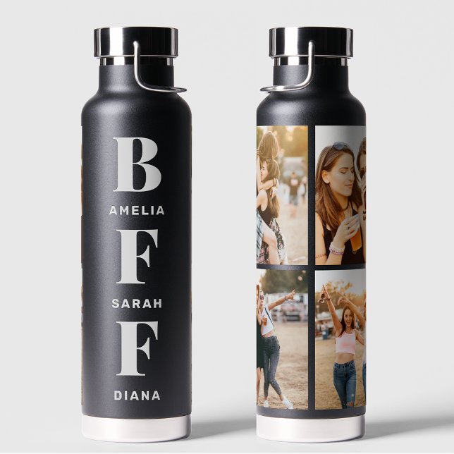  BFF | Best Friends 4 Photo Collage Custom Names Water Bottle (Creator Uploaded)