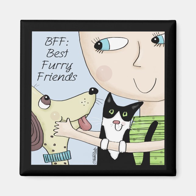 BFF: Best Furry Friends-Person with Dog and Cat Magnet (Front)
