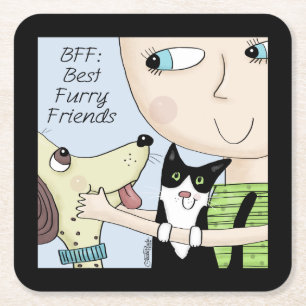 BFF: Best Furry Friends-Person with Dog and Cat Square Paper Coaster