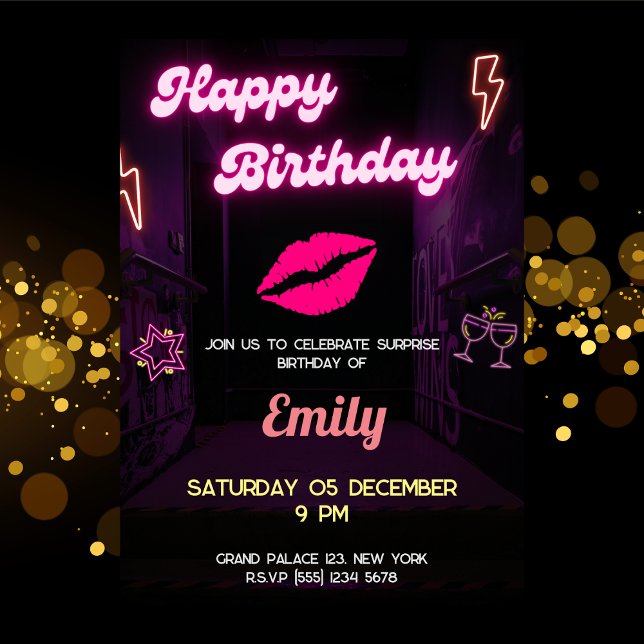 Bff Birthday Neon Light Lips Women Girls Invitation (Neon Light Birthday Lips Women Bff Girls Invitation)