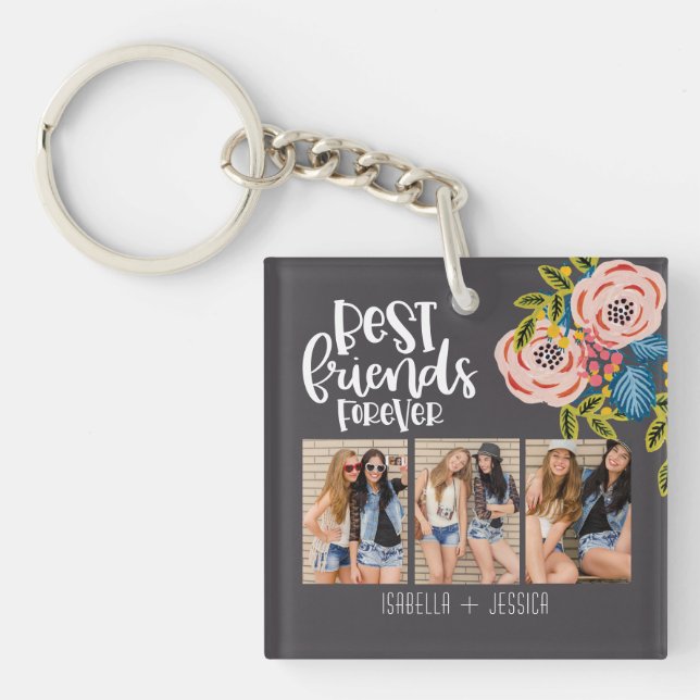 BFF Floral Photo Collage Best Friends Forever Key Ring (Front)