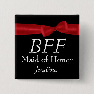 BFF Maid of Honour Red Bow Wedding Custom Name 15 Cm Square Badge