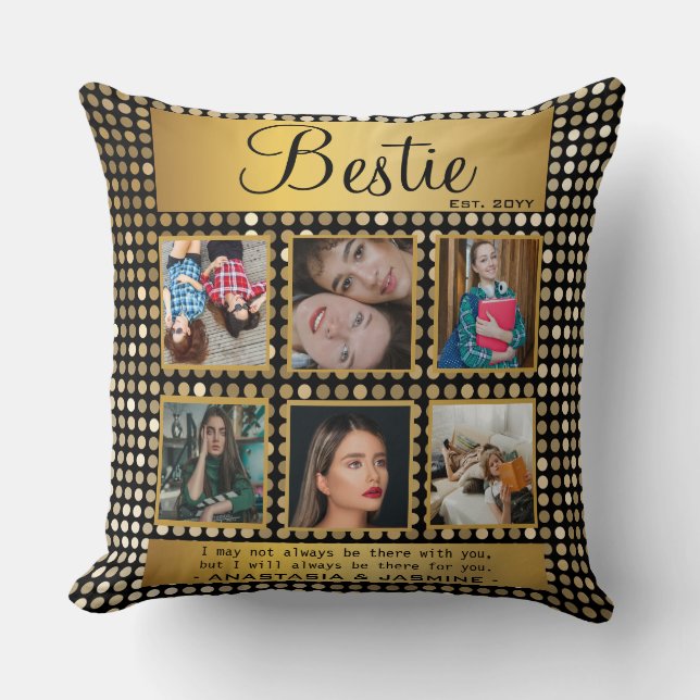 BFF Photo Collage Best Friend Quote Golden Glitter Cushion (Front)