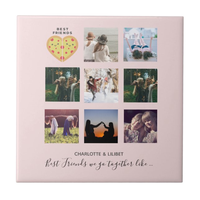 BFF Photo Collage Gifts Dusty Pink PIZZA Friends Tile (Front)