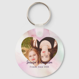 BFF Pink Marble Heart Custom Friends Photo & Names Key Ring