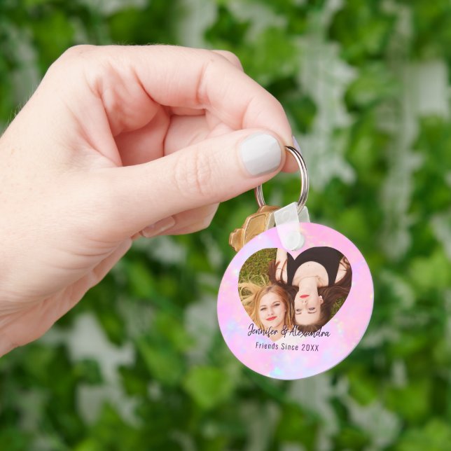 BFF Pink Purple Heart Friends Photo & Names Key Ring (Hand)