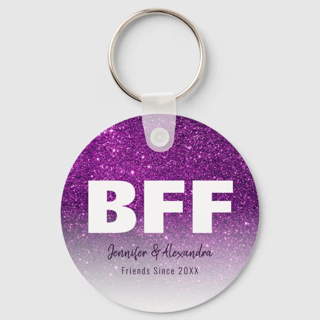 BFF Purple Gold Glitter Personalised Best Friends Key Ring (Front)