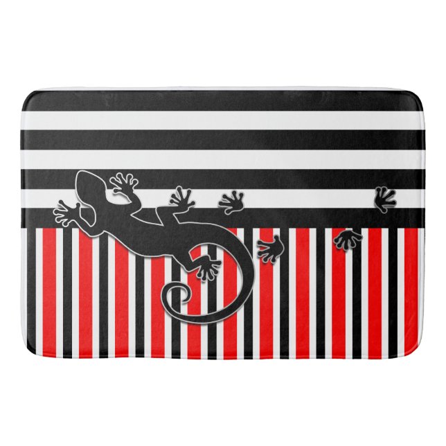 BG Stripes Pattern black red & RUNNING GECKO Bath Mat (Front)