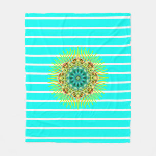 BG Stripes Pattern wride turquoise mandala + back. Fleece Blanket