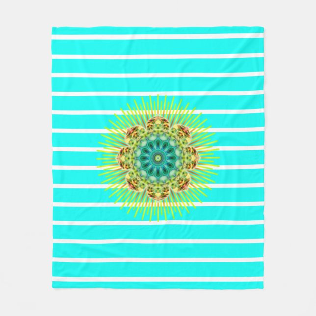 BG Stripes Pattern wride turquoise mandala + back. Fleece Blanket (Front)