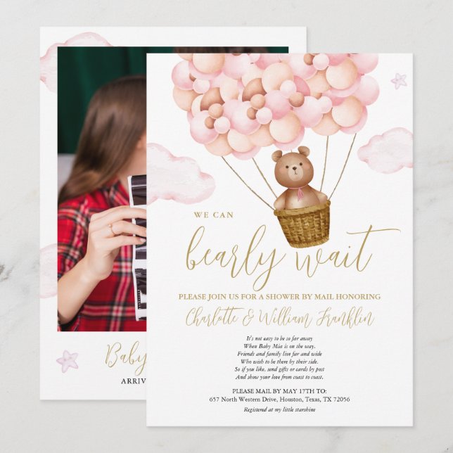 BGirl Baby Shower By Mail Teddy Bear Phot Invitation (Front/Back)