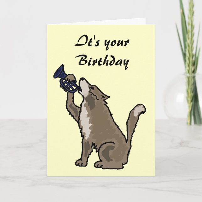 BH- Fun Wolf Playing the Trumpet Birthday Card (Front)