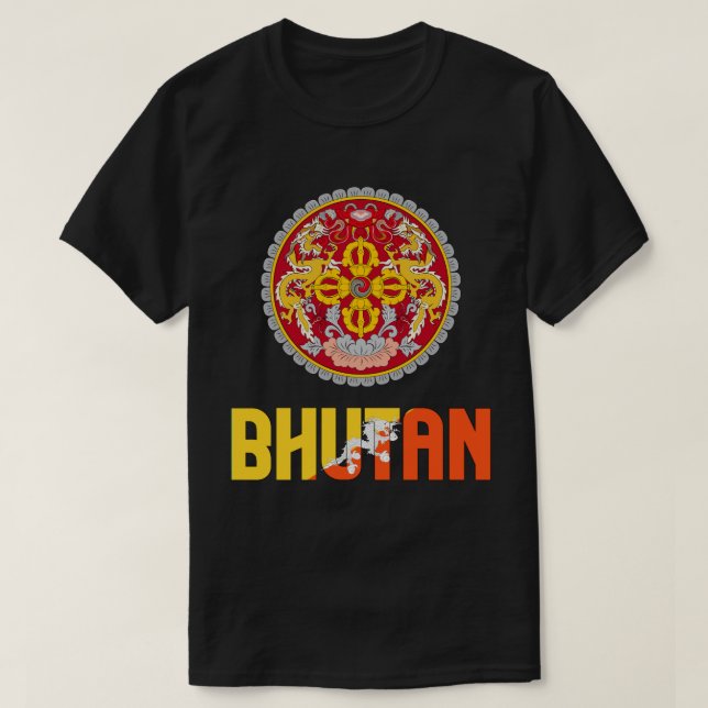 Bhutan Flag and Coat Of Arms Patriotic T-Shirt (Design Front)