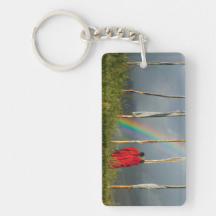 Bhutan, Gangtey village, Rainbow over two monks Key Ring