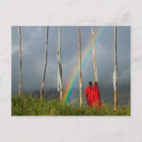 Bhutan, Gangtey village, Rainbow over two monks