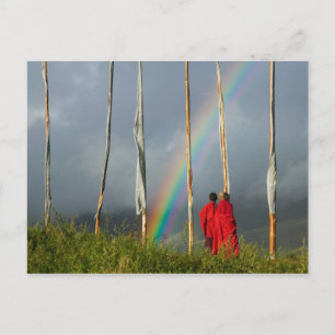 Bhutan, Gangtey village, Rainbow over two monks Postcard