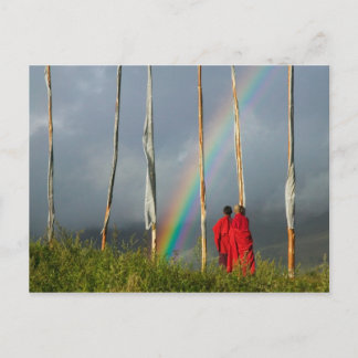 Bhutan, Gangtey village, Rainbow over two monks Postcard