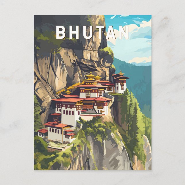 Bhutan Illustration Travel Art Vintage Postcard (Front)