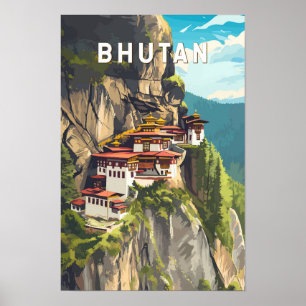 Bhutan Illustration Travel Art Vintage Poster