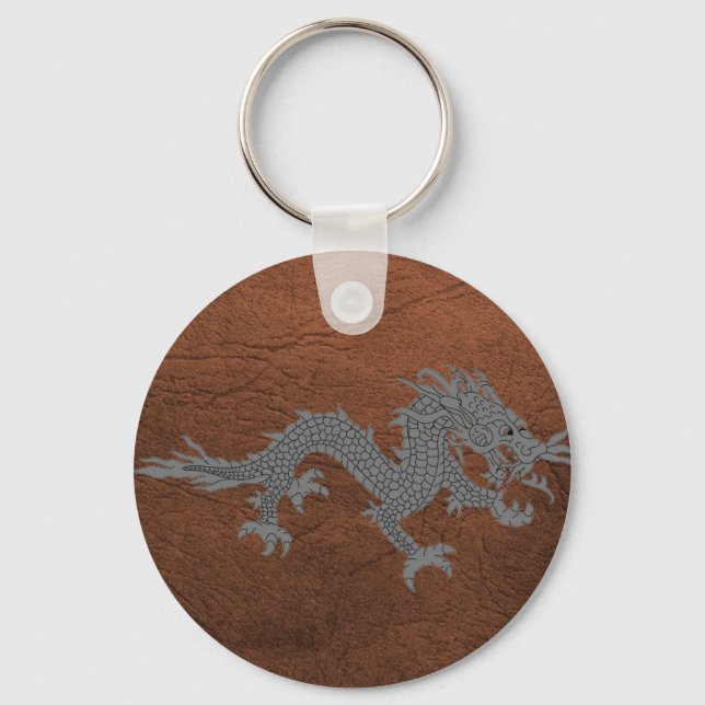 Bhutanese Dragon on Leather Key Ring (Front)