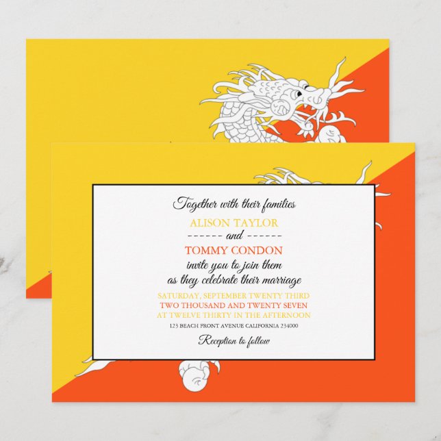 Bhutanese Flag, Flag of Bhutan Wedding Invitation (Front/Back)