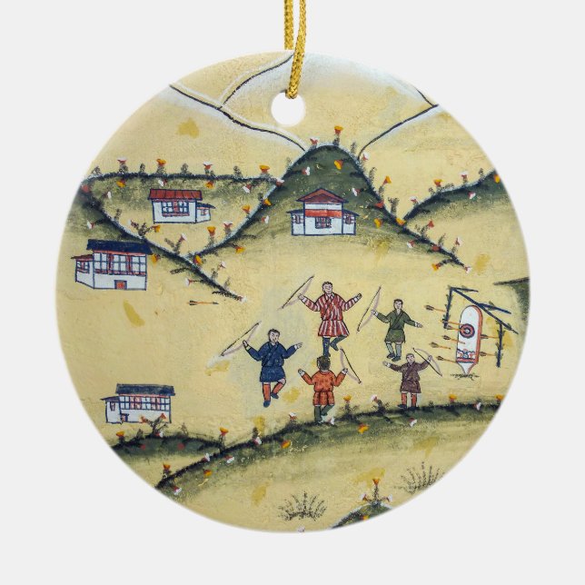 Bhutanese house with archery paintings - Bhutan Ceramic Tree Decoration (Front)