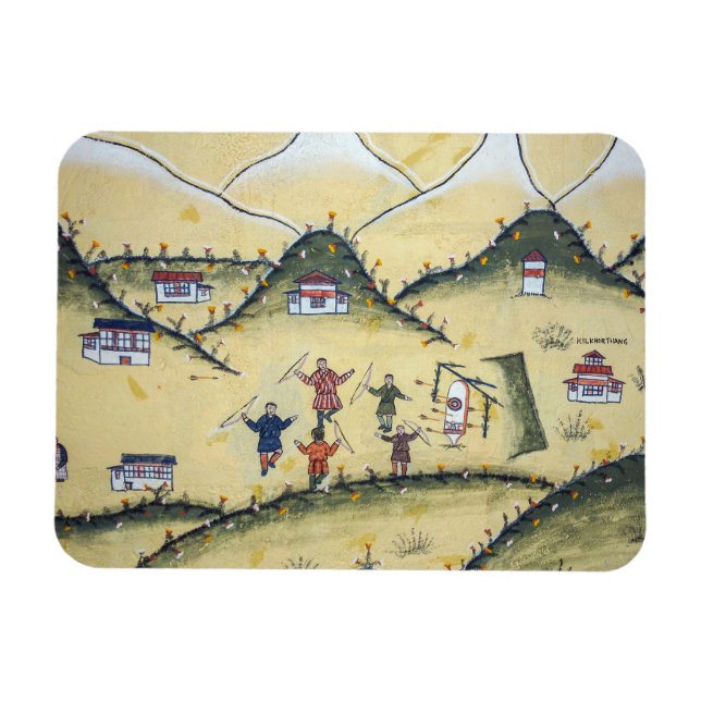 Bhutanese house with archery paintings - Bhutan Magnet (Horizontal)