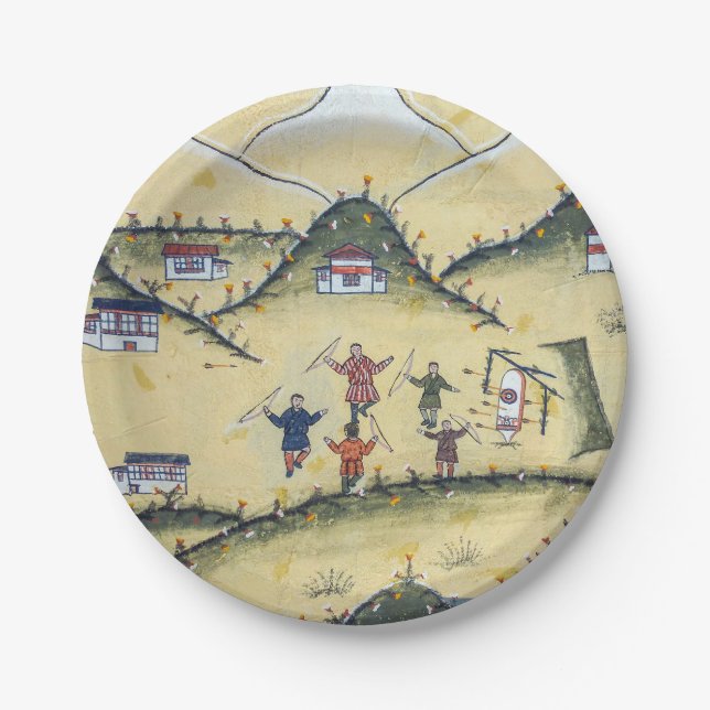 Bhutanese house with archery paintings - Bhutan Paper Plate (Front)