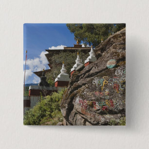 Bhutanese writing on rocks and Nepalese chortens 15 Cm Square Badge