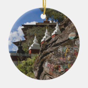 Bhutanese writing on rocks and Nepalese chortens Ceramic Tree Decoration