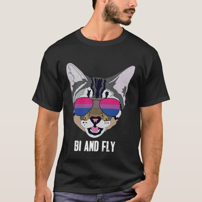 Bi and Fly Funny Cat Bisexual Bi Pride T-Shirt (Front)
