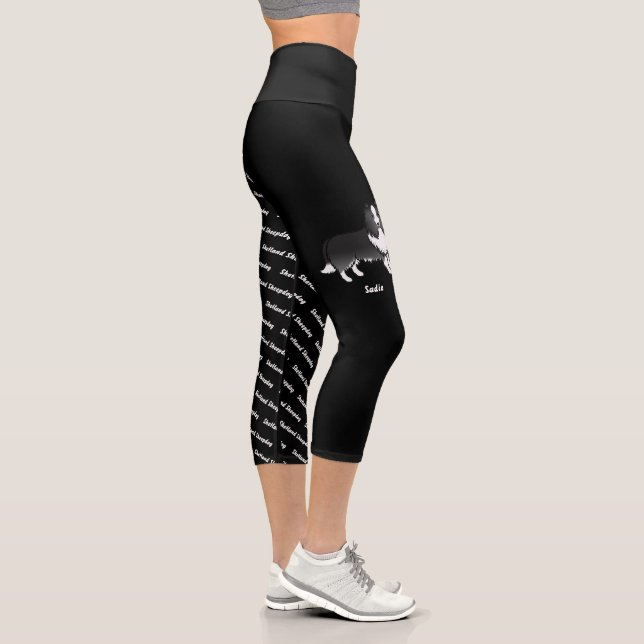 Bi-Black Cartoon Sheltie & Dog's Name And Breed Capri Leggings (Right)