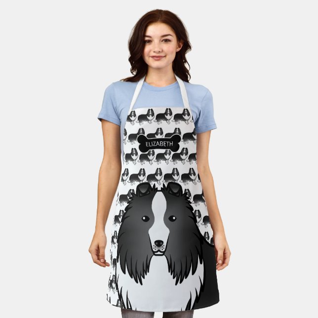 Bi-Black Cartoon Sheltie With Dog Bone & Name Apron (Worn)