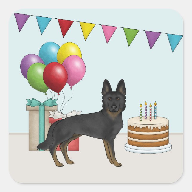 Bi-Black German Shepherd Colourful Birthday Square Sticker (Front)