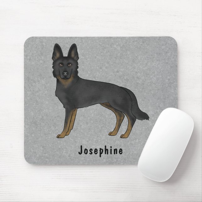 Bi-Black German Shepherd Dog And Custom Name Grey Mouse Mat (With Mouse)